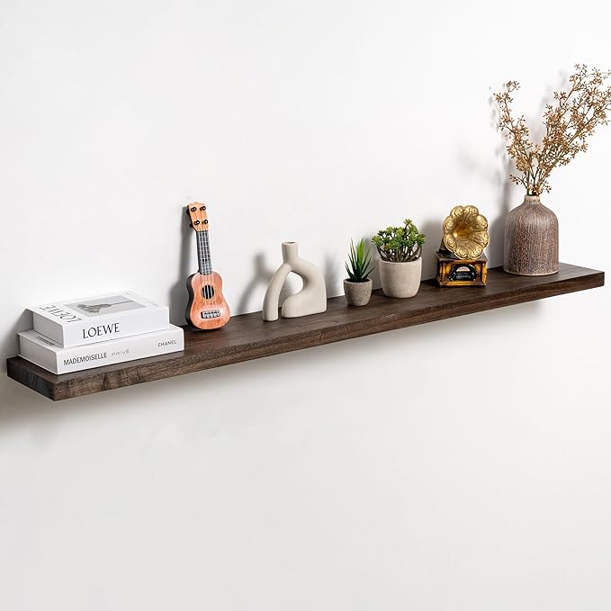 Fun Memories Solid Elm Wood Floating Shelves Set of 1-55 Inch Rustic Wall Shelves with Heavy-Duty Invisible Brackets - for Living Room, Kitchen, Bedroom, Bathroom - Walnut Finish
