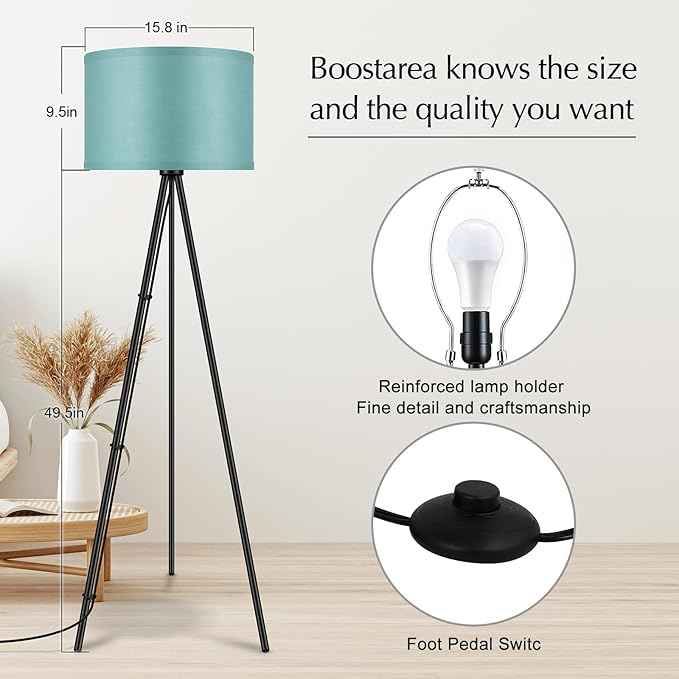 BoostArea Floor Lamp for Living Room, Tripod Floor Lamp, Green Linen Lamp Shade, Blub Not Included,Mid Century Standing Lamp for Living Room, Bedroom, Study Room and Office