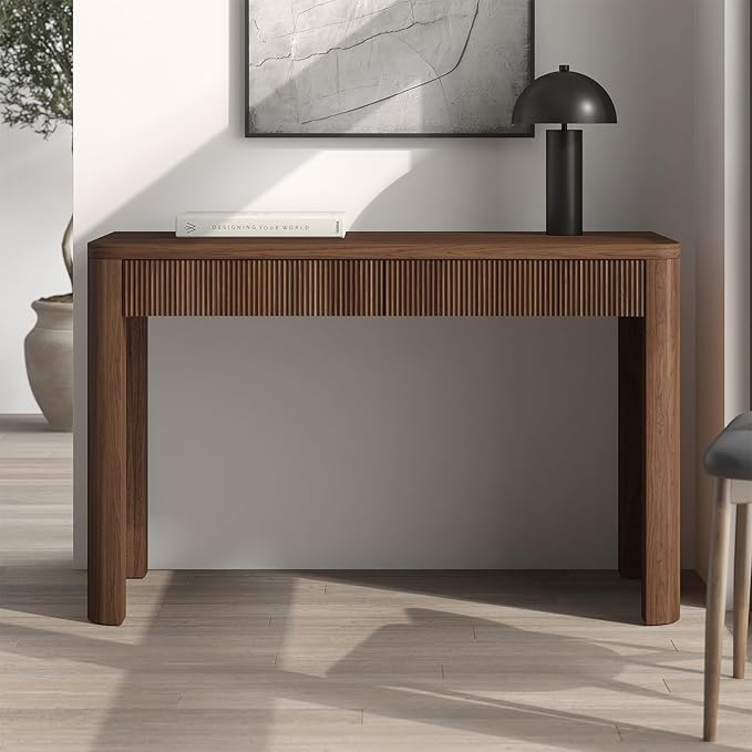 Henn&Hart 48'' Fluted Modern Rectangular Home Office Desk, Ribbed Computer Desk, Writing Table with 2 Drawers for Home Office, Medium Walnut