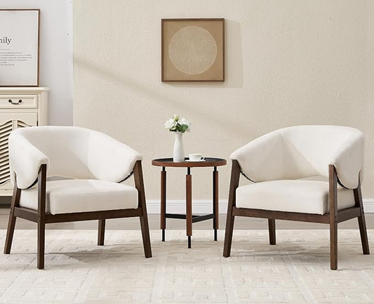 CIMOTA Mid Century Modern Barrel Accent Chairs Set of 2, Comfy Armchairs with Wide Seat, Upholstered Lounge Chairs with Walnut Wood Legs for Living Room/Bedroom/Reading Corner, Chenille, Beige