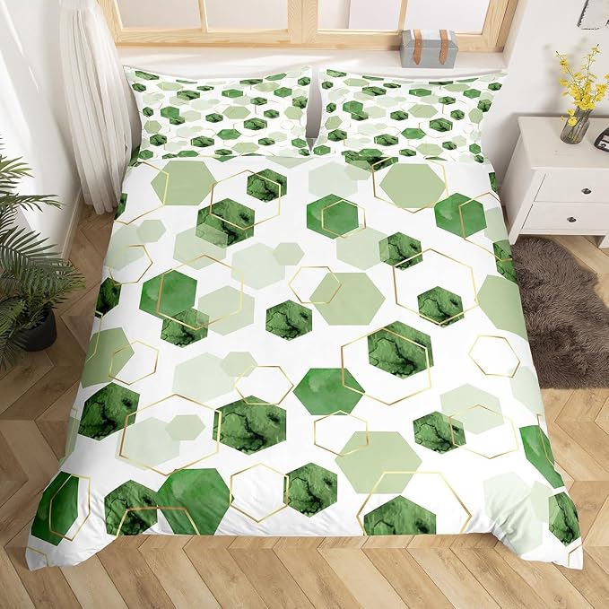Erosebridal Sage Green Modern Duvet Cover Queen - Marble Grain Geometric Bedding Sets, Fresh Abstract Geometric Art Decor Bed Set for Boys Girls Watercolor Hexagon Bed Cover with 2 Pillowcases
