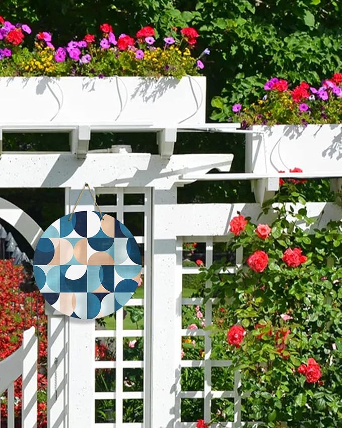 Welcome Sign for Front Door Mid Century Geometric Wood Door Hanger for Outdoor Outside Porch,12 Inch Round Wooden Wreath Indoor Wall Hanging Decoration, Abstract Modern Blue