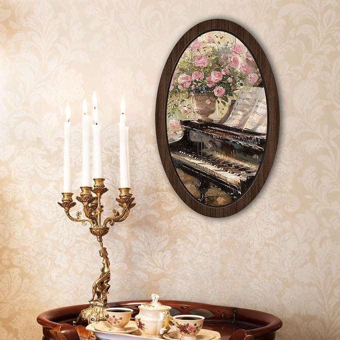 UYIKG Vintage Wall Art Oval Framed,Oil Painting Art Floral Piano Wooden Framed Decor,Farmhouse Oval Wall Decor for Theme Room Home Bedroom Living Room Home Office 9x14.6 in