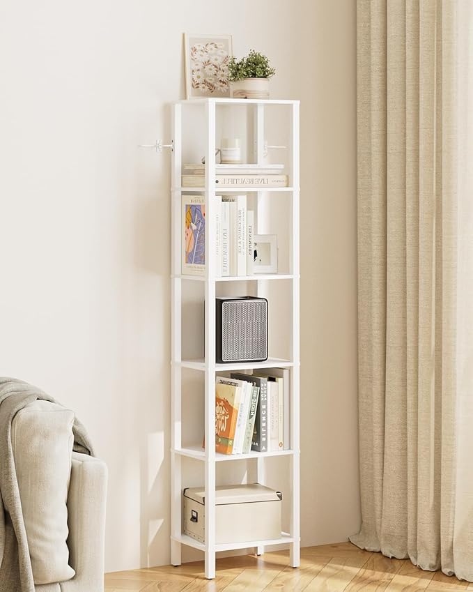 Open Book Shelf, 6 Tier Tall Bookshelf, Freestanding Shelf Narrow Bookcase with Open Shelves, 14.57" x 10.63" x 65.83", Book Shelves for Living Room, Office, Study, White