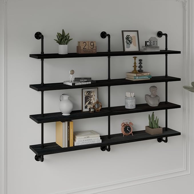 HDDFER Floating Shelves for Wall Bookshelf Industrial Pipe Shelving Shelves 60 Inch Natural Wood Planks Rustic Wall Shelves Hanging Bookshelves Farmhouse Kitchen Shelving Black