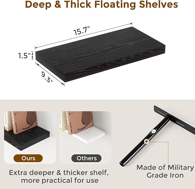 Fun Memories 16 Inch Long Floating Shelves in Black, 9.3 Inch Deep Floating Shelf for Wall, Living Room, Kitchen, Rustic Deep Wood Shelves for Bathroom, 2 Pack Storage Display Shelf for Books, Decor
