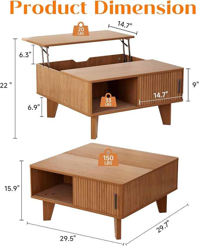 Lift Top Coffee Table with Storage, 29.7" Small Square Coffee Table for Living Room, Mid Century Modern Fluted Wood Center Table with Sliding Tambour Door, Walnut
