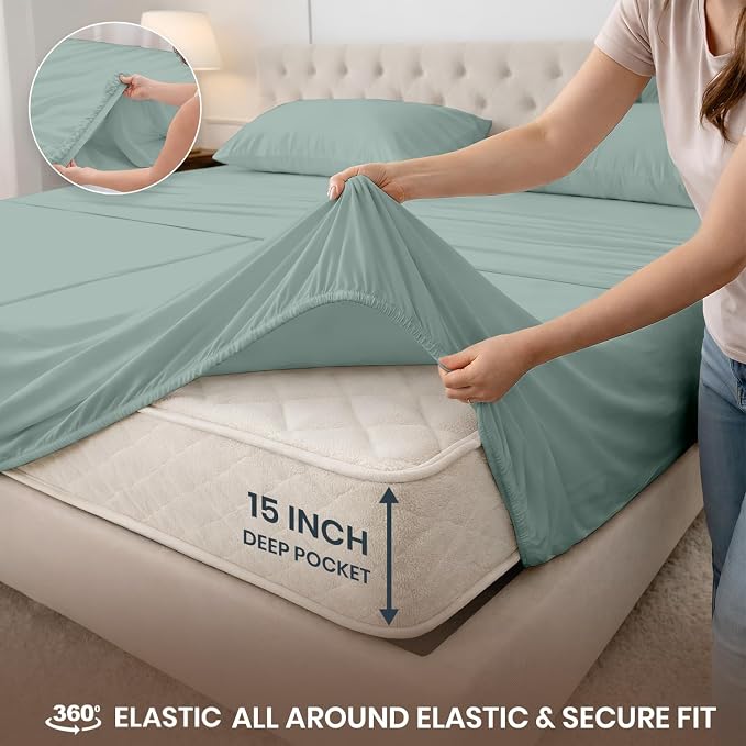 SGI Split King Sheet Set for Adjustable Bed Egyptian Premium Cotton 600 Thread Count Sheets for Sleep Number Bed 15" Deep Pocket 5 Pc Set with 2 Twin XL Fitted Sheets Soft Breathable -Aqua Green