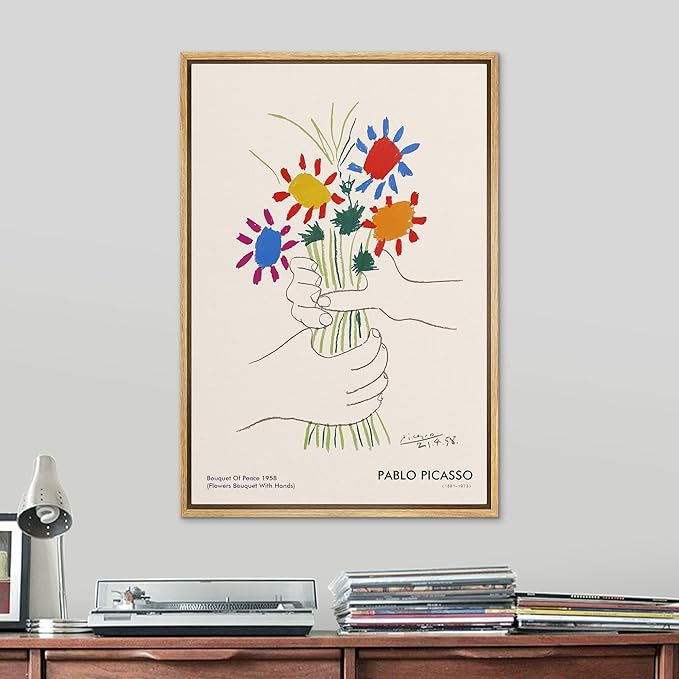 SIGNLEADER Framed Canvas Print Wall Art Pablo Picasso Flower Bouquet Peace Nature Wilderness Illustrations Fine Art Rustic Scenic Relax/Calm Colorful for Living Room, Bedroom, Office - 24"x36" NATURAL