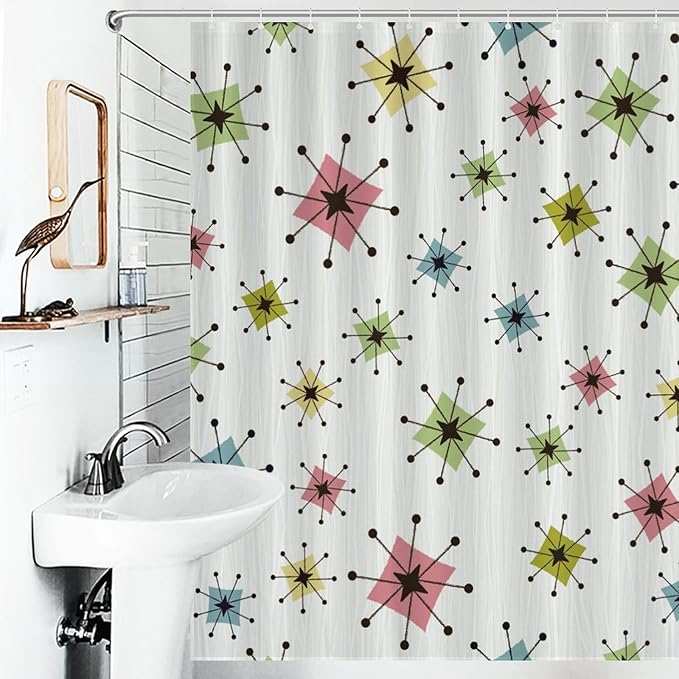 Mid Century Modern Shower Curtain for Bathroom, Retro Abstract Atomic Iconic Pattern Geometric Rustic 1950s 1960s Vintage Waterproof Fabric Shower Curtain Set with Hooks, 72"x72"