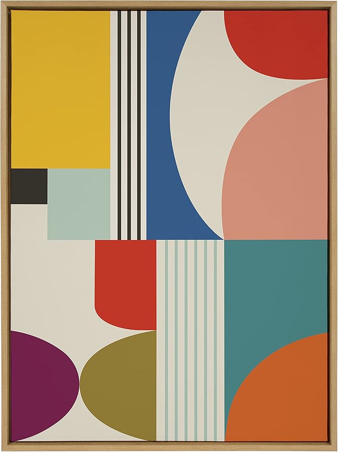 Kate and Laurel Sylvie Mid Century Modern Pattern Framed Canvas Wall Art by Rachel Lee of My Dream Wall, 28x38 Natural, Colorful Abstract Art Print for Wall