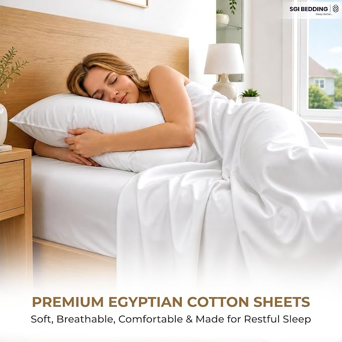 SGI bedding 100% Egyptian Cotton Sheets Twin Size – 600 Thread Count Sheets Set, Soft, Cooling, 15" Deep Pocket, Luxury Hotel Bedding, Breathable, Durable - White