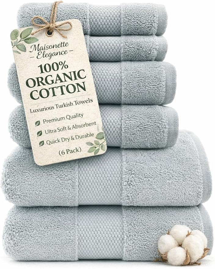 Maisonette Elegance 100% Organic Cotton Turkish Bathroom Towels Set, Ideal Quick Dry Luxury Washcloths, Hand & Large Luxury Bath Towels for Shower, (6 Pack), Green (Eucalyptus)
