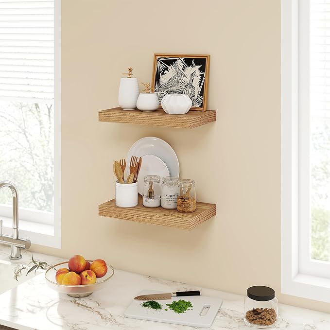 16 Inch Floating Shelves, 9.3" Deep Floating Shelf Wall Mounted, 16" Wall Shelves, Rustic Deep Bookshelf, Large Display Shelves & Storage Shelves for Bedroom, Living Room, Light Brown, Set of 2