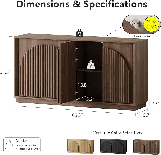 win2win Fluted Sideboard Buffet Cabinet with Storage, 65" Mid Century Modern Accent Cabinet with Double-Layered Arch Doors,Wood Media TV Console Table Credenza for Living Room Hallway Entryway,Walnut