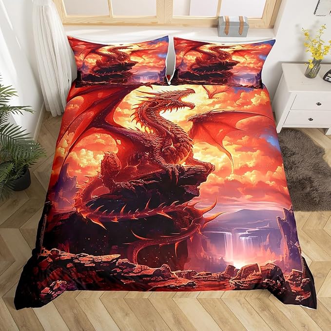 3D Dragon Duvet Cover Set Full Size,Sunset Mountain Scenery Romantic Bedding Set,Boys Men Room Decor,Gothic Wildlife Western Animals Comforter Cover,Orange Quilt Cover,2 Pillowcases(No Filler)