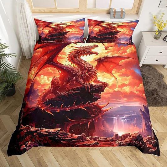 3D Dragon Duvet Cover Set Full Size,Sunset Mountain Scenery Romantic Bedding Set,Boys Men Room Decor,Gothic Wildlife Western Animals Comforter Cover,Orange Quilt Cover,2 Pillowcases(No Filler)