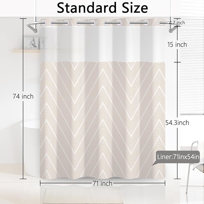 No Hook Shower Curtain with Snap in Fabric Liner - Beige and White Minimalist Chevron Pattern, Waterproof Double Layers for Modern Farmhouse Bathroom, See Through Top Window, 71x74 Inches