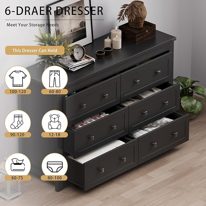 6 Drawer Dresser for Bedroom, Black Modern Dressers & Chests of Drawers with Metal Handles, Closet Storage Dresser, Storage Cabinet and Organizer with Drawers