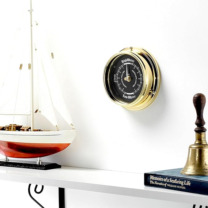 Tide Wall Clock with Jet Black Dial - Exquisite Handcrafted Nautical Timepiece for Beach Enthusiasts - Traditional Marine Design, Heavy 1/2kg Brass Case - Handmade in England