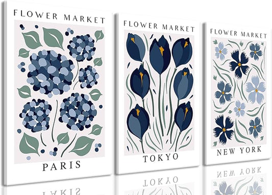 BingruiArt Flower Market Wall Art Navy Blue Canvas Boho Floral Wall Decor Modern Retro Botanical Posters Prints Pictures for Livingroom Batroom Bedroom Dorm Room 3Pcs 16"x24" Framed