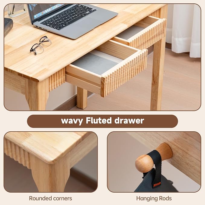 100% Solid Wood Desk with Drawers, Small Home Office Writing Wooden Desk, Vintage Wood Desk for Small Spaces, Bedroom, Work Study Computer Table with Fluted Design and Hooks (Natural)