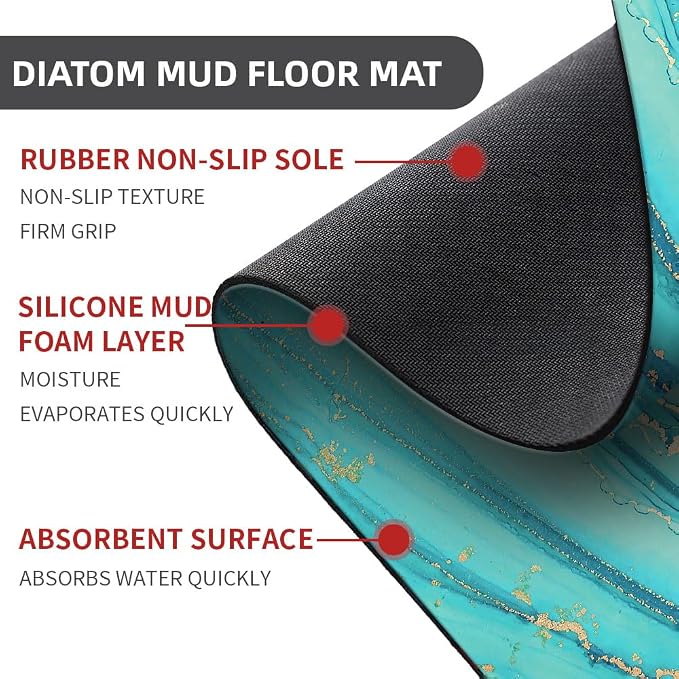 Diatomaceous Earth Bath Mat,Turquoise Marble Non-Slip Volume Super Absorbent Fast Drying for Bathroom Kitchen Door mat,Eco-Friendly Easy to Clean 16×24Inch (40 * 60cm)