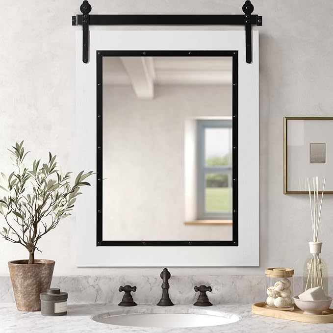 YOSHOOT Farmhouse Barn Door Mirror, 40"x29" Rustic Bathroom Mirror, Wood Frame Wall Mirror, Wooden Mirror for Living Room Bedroom Entryway Wall Décor, White Vertical Hanging ONLY