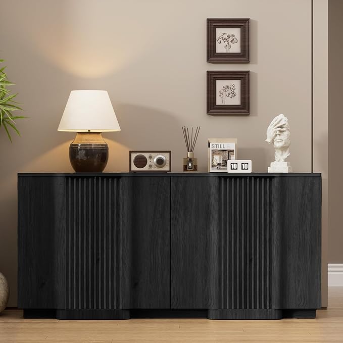 Yechen Buffet Cabinet with Storage, 59" Accent Sideboard Modern Credenza with Doors & Adjustable Shelves Fluted Media Console Wood Coffee Bar Table for Living Kitchen Dining Room Black(4 Door)