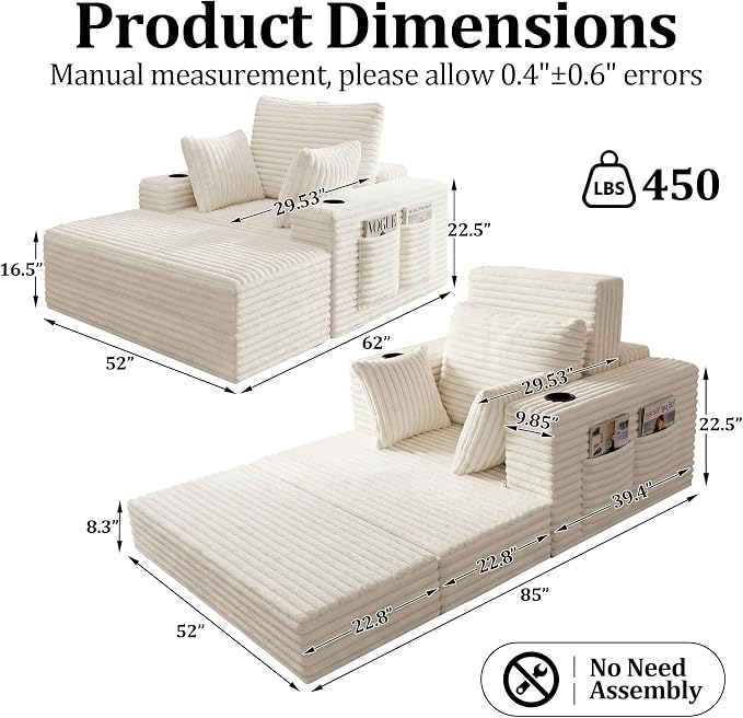 85" Oversized Chaise Lounge Chair Convertible 2-in-1 Boneless Sleeper Couch Bed Indoor Comfy Cloud Corduroy Reading Armchair sofa with Storage Pockets&Cup Holders for Bedroom,Living Room,Beige