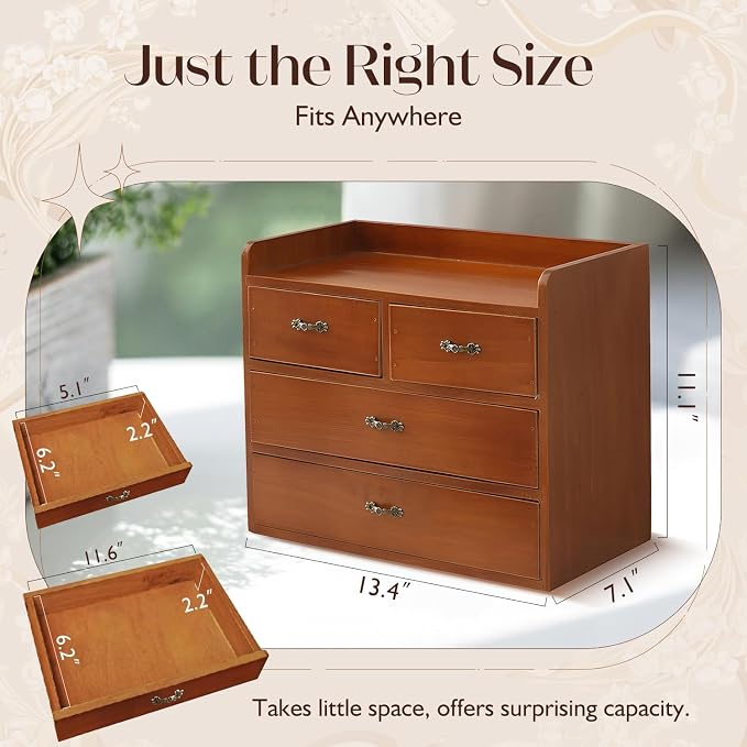Vintage Wooden Desk Organizer with 4 Drawers — Small Wood Desktop Storage Cabinet for Jewelry, Makeup, Office Supplies & Accessories - Rustic Mini Drawer Chest for Clutter-Free, Desk Zen