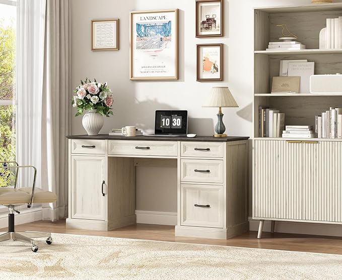 CARPETNAL 58'' Farmhouse Executive Desk with Drawers, Home Office Desk with File Drawer and Storage Cabinet, Rustic Computer Desk for Working, Studying, Writing, White