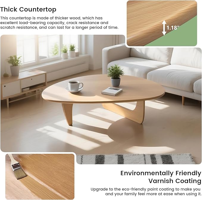 Modern Triangle Coffee Table: Unique Funky Soild Wood Coffee Tables for Living Room, Wooden Oval Mid-Century Modern Abstract Tea Tables for Patio Office Balcony (Natural, 50" Lx31 Wx16 H)