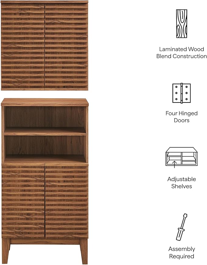 Modway Render Bathroom Cabinet Set in Walnut - Freestanding Linen Cabinet and Wall Mounted Storage with Slatted Doors, Adjustable Shelves