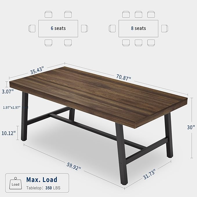 GarveeHome Industrial Dining Table for 6-8 People, 70.87 in Long Wooden Kitchen Table with Sturdy Metal Frame & Rustic Brown Finish (Brown, 70.87 in Long)