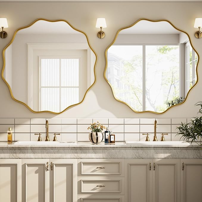 Round Wavy Mirror - 30 Inch Bathroom Vanity Mirror Metal Frame Circle Wall Mounted Mirror for Bedroom Living Room Entryway, Gold