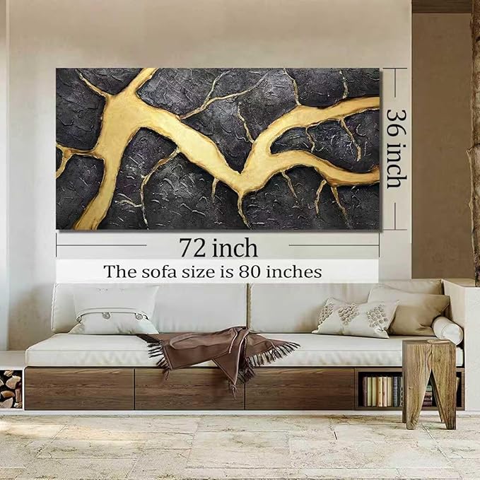 DNIEOTU Hand Painted Abstract Wall Art for Living Room, Black and Gold Canvas Wall-Decor for Bedroom, 3D Textured Paintings for Hallway Office, Large Size 72 x 36 Inches
