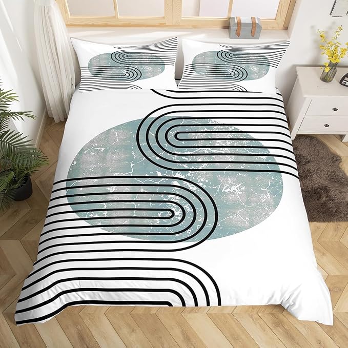 Erosebridal Mid Century Bed Set Modern Minimalism Duvet Cover, Navy Blue Grunge Bedding Set Full Black Stripe Comforter Cover, Aesthetic Abstract Bed Cover 3pcs with 2 Pillow Case (Zipper Closure)