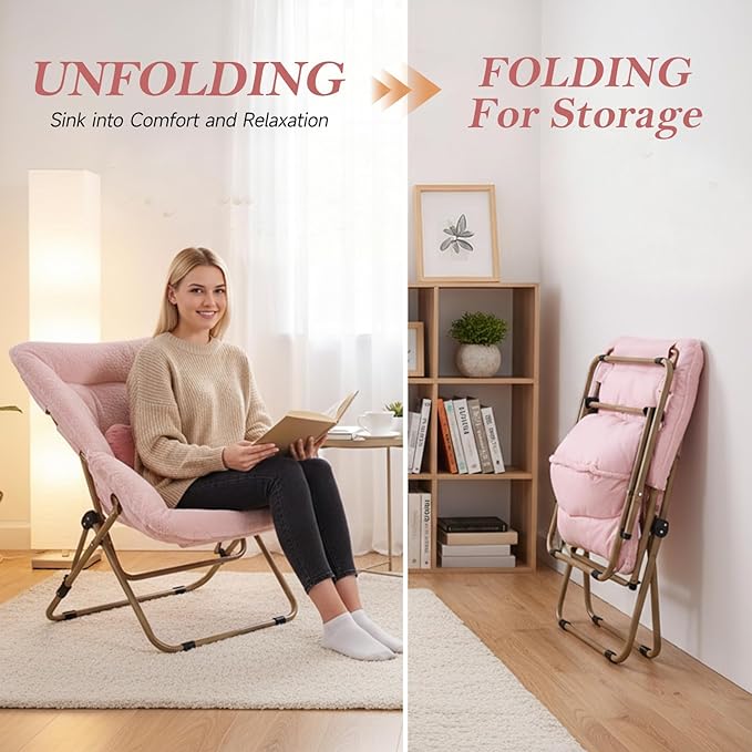 Furlide Modern Pink Faux Fur Foldable Metal Frame Recliner Chair for Bedroom, Living Room, Balcony