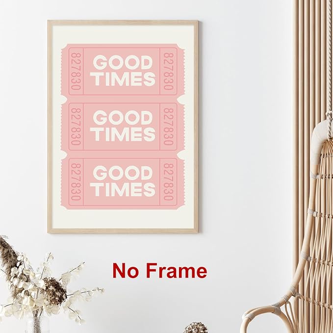 Good Times Ticket Wall Art Pink Retro Poster Bar Cart Prints Pink White Painting Pink Trendy Pictures Ticket Poster Beige Modern Wall Art Preppy Aesthetic Paintings for Living Room 16x24in Frameless