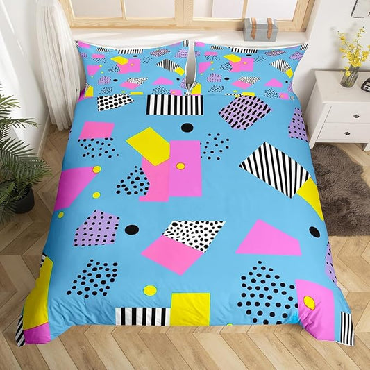 80s 90S Fashion Style Bedding Set Queen Size,Retro Memphis Style Pattern with Geometrical Shapes Duvet Cover for Kids Child,Funky Hipster Old Fashioned Comforter Cover Geometric Bedroom Decor