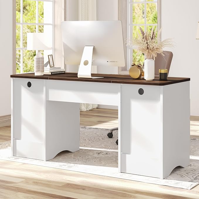 Bestier Computer Desk with Keyboard Tray, 59 inch Office Desk with 4 Drawers, Modern Home Office Desk with File Drawer (Walnut with White, 59" W with Double-Sided Drawers)
