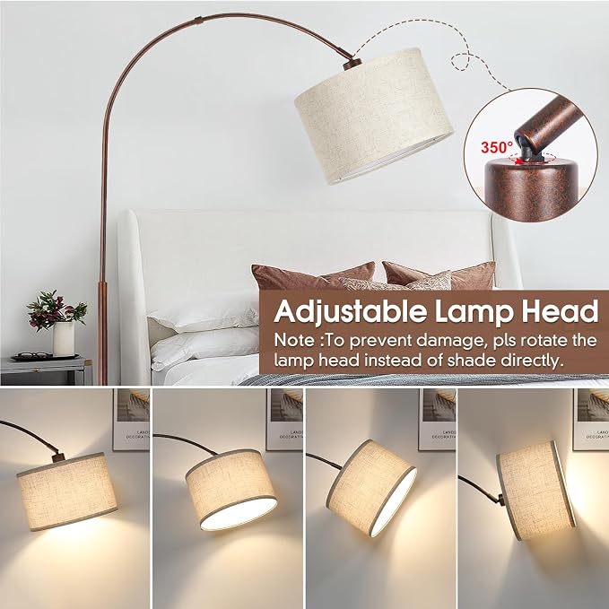 Dimmable Arc Floor Lamps for Living Room, Mid Century Floor Lamp, Antique Bronze Standing Lamp with Adjustable Hanging Shade, Tall Pole Lamp Reading Light for Bedroom, Over Couch, 9W LED Bulb Included
