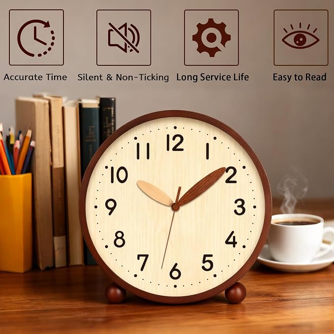 Maxspace Wooden Table Clock,8in Silent Non-Ticking Desk Clock,Battery Operated Desktop Analog Clock for Living Room Bedroom Kitchen Office Classroom Decor (Walnut - Log)