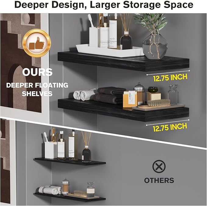 Floating Shelf, Set of 1 Wall Shelf, 30 in W x 12.75 in D x 2 in H Wooden Floating Wall Shelf with Invisible Brackets for Living Room/Bedroom/Bathroom/Kitchen Storage and Decor, Black Wood