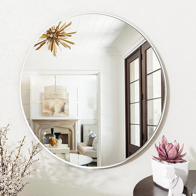 VooBang White Round Bathroom Mirror, 20 inch Circle Mirror,with Simple Metal Frame, Modern Round Hanging for Bathroom, Hallway, Livng Room (White Frame)