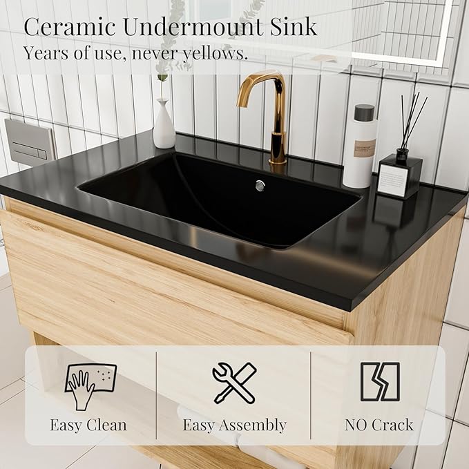 30 inch 3D Carved Bathroom Vanity with Open Compartment, Floating Cabinet with Hidden Soft-Close Slide Rails,with Ceramic Basin,Single Shelve,Mid Century Modern (Yellow Oak/Black Sink)