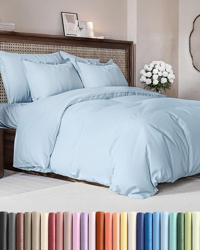 Duvet Cover Full Size - Extra Soft Full Size Duvet Cover - Lightweight, Breathable & Cozy - Easy Care & Fade Free w/Zipper Closures & Ties - 80" x 90" Inches - (Light Blue) Comforter Not Included