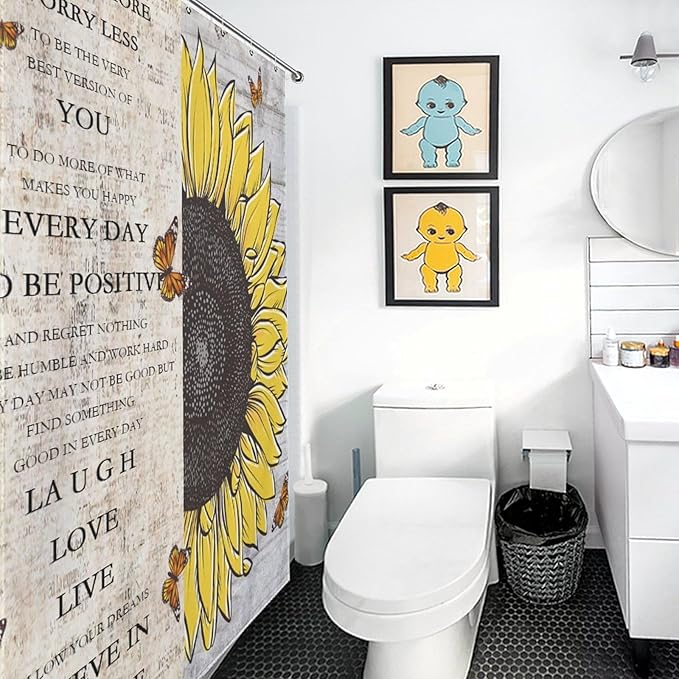 Inspirational Quotes Sunflowers Butterfly Shower Curtain,Vintage Old Newspaper Board Background Sunflower Animals Waterproof Shower Curtains for Bathroom Decor 12 Pack Hooks 72x72in (183x183cm)