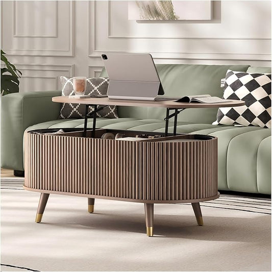 42.5" Oval Lift Top Coffee Table with Storage, Mid Century Modern Walnut Center Table with Fluted Panel, Solid Wood Legs & Hidden Compartment for Living Room